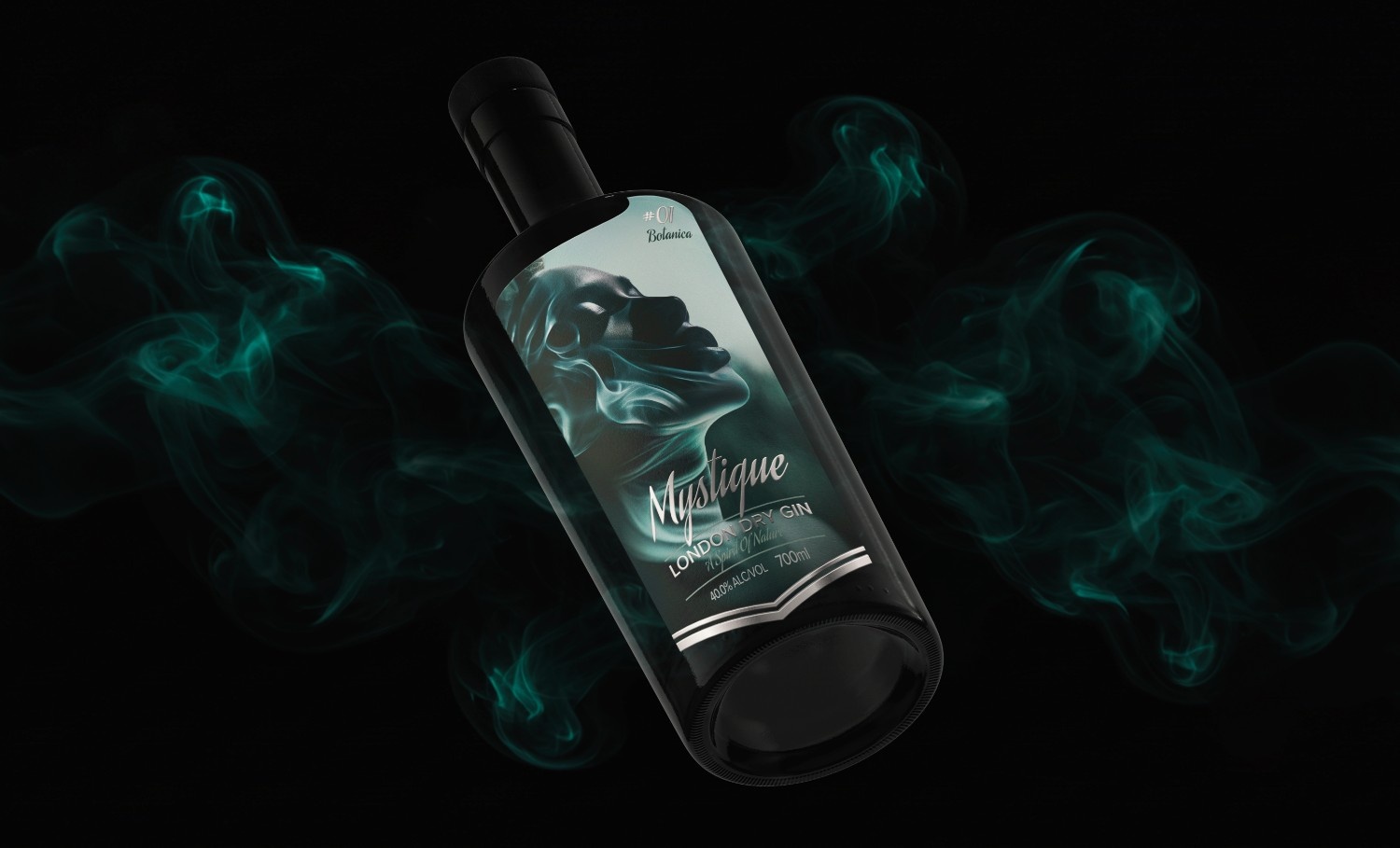 Mystique Gin bottle and label floating on a captivating green background, creating a mysterious and elegant atmosphere