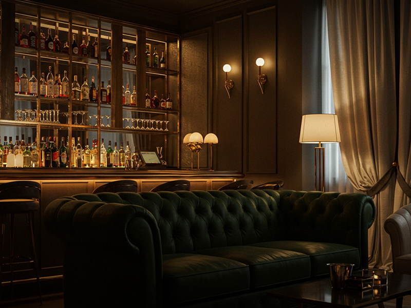 Close-up of a bar counter with Mystique Gin cocktails elegantly arranged, showcasing a luxurious and sophisticated bar atmosphere