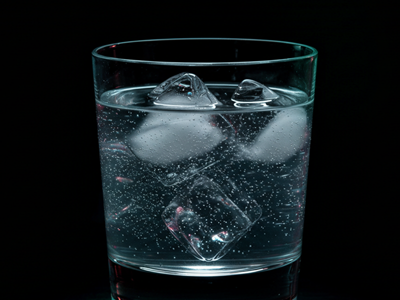 Glass of Mystique Gin and tonic water with ice, a refreshing and sophisticated cocktail