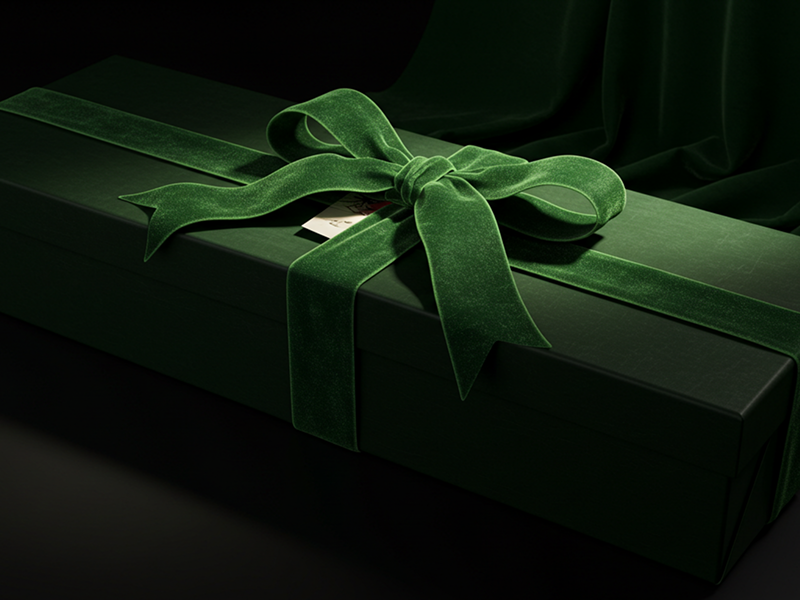 Close-up of a luxurious green velvet gift box with a velvet ribbon, featuring Mystique Gin, perfect for a premium gift set