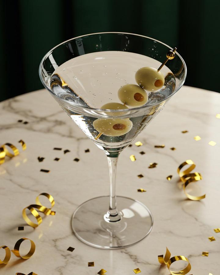 Close-up of a luxurious gin martini, featuring Mystique Gin and a refined garnish