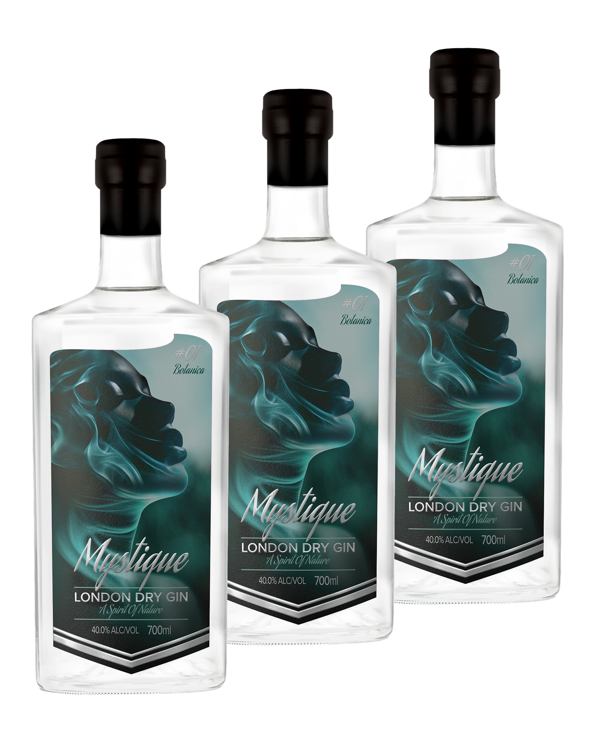 Three bottles of Mystique Gin, showcasing the premium London Dry Gin with elegant design, buy gin online singapore