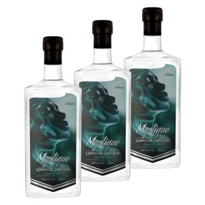 Three bottles of Mystique Gin, showcasing the premium London Dry Gin with elegant design, buy gin online singapore
