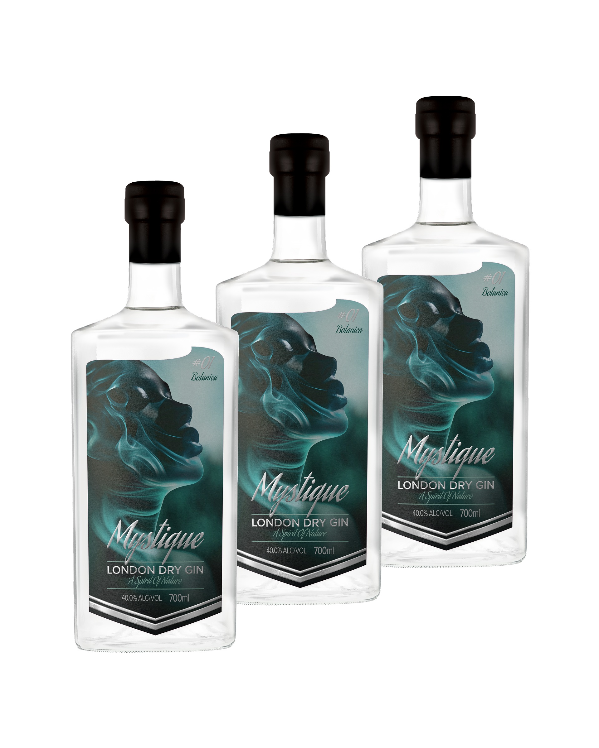 Three bottles of Mystique Gin, showcasing the premium London Dry Gin with elegant design, buy gin online singapore